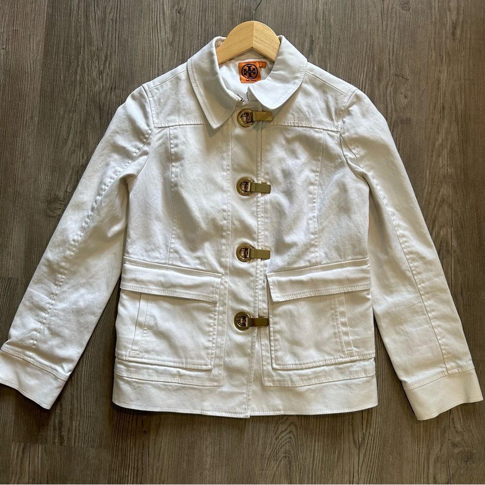 Tory Burch White Denim Blazer Gold Hardware Size 6